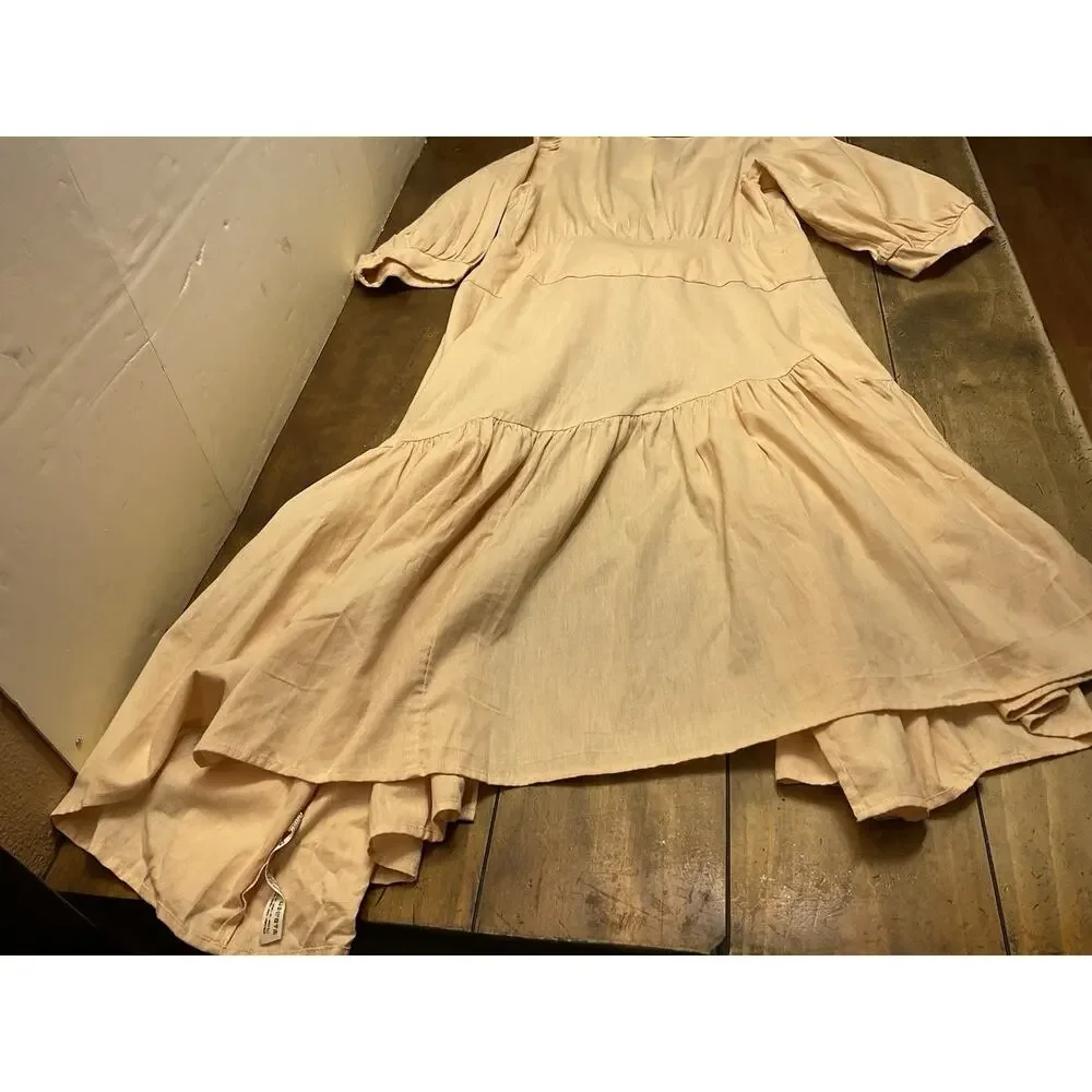Free People Peach Linen Blend Balloon Sleeve Tiered Midi Wrap Dress Sz M Peach